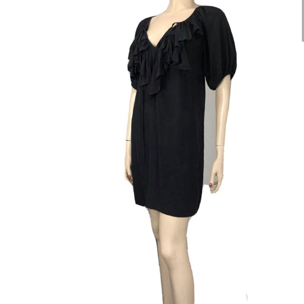 Fifteen -twenty silk ruffle tie front balloon sleeve short tunic/shirt dress